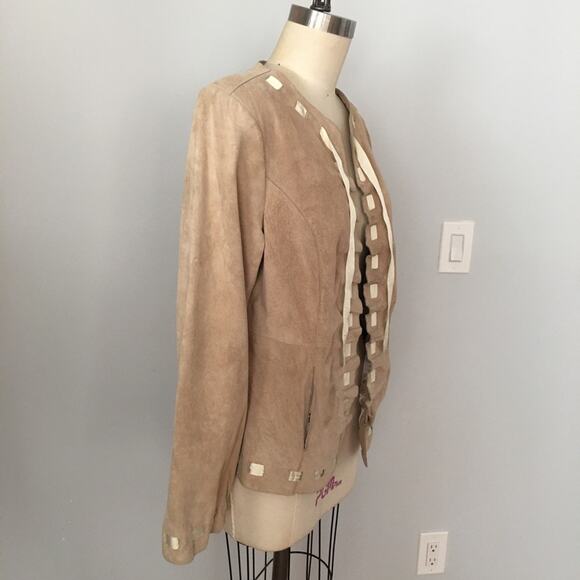 Bradley Bayou Beige Tan Genuine Suede Ribbon Trim Leather Jacket Size Medium - Picture 3 of 12